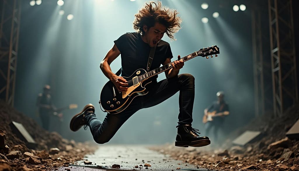 rock guitarist mid-jump, perfectly capturing the raw energy of the moment