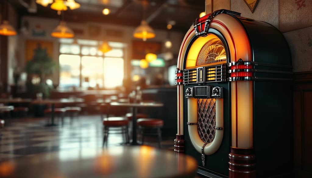 A classic jukebox in a rustic diner. It hums with songs that remind you of summers past.