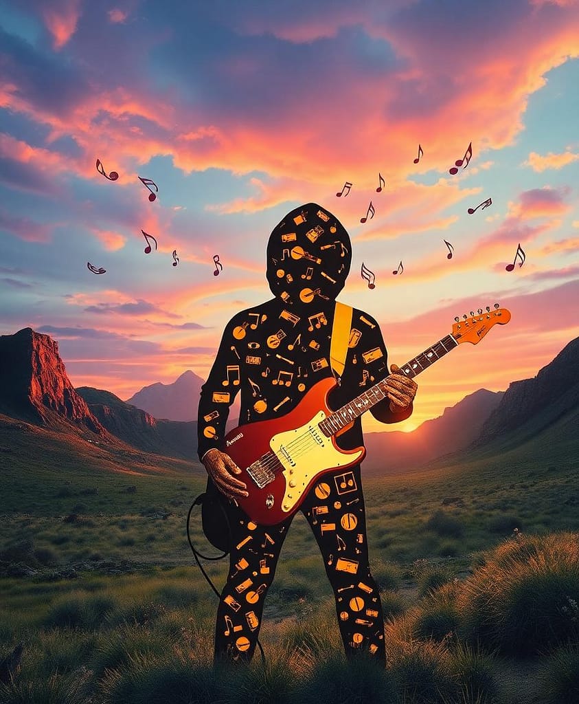 A surreal landscape where a musician’s silhouette is crafted entirely out of electric guitars and floating musical notes, encapsulating the essence of a diverse musical identity.